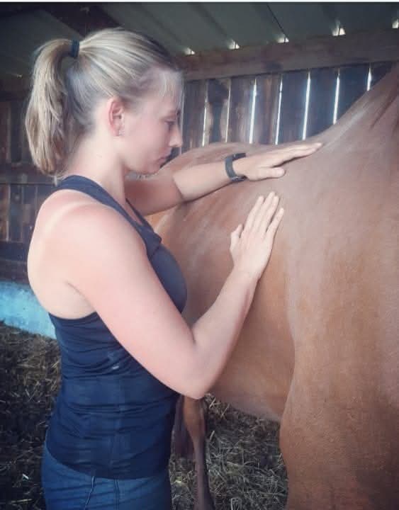 Manon Cibick pratiquant un soin ostéopathique sur un cheval